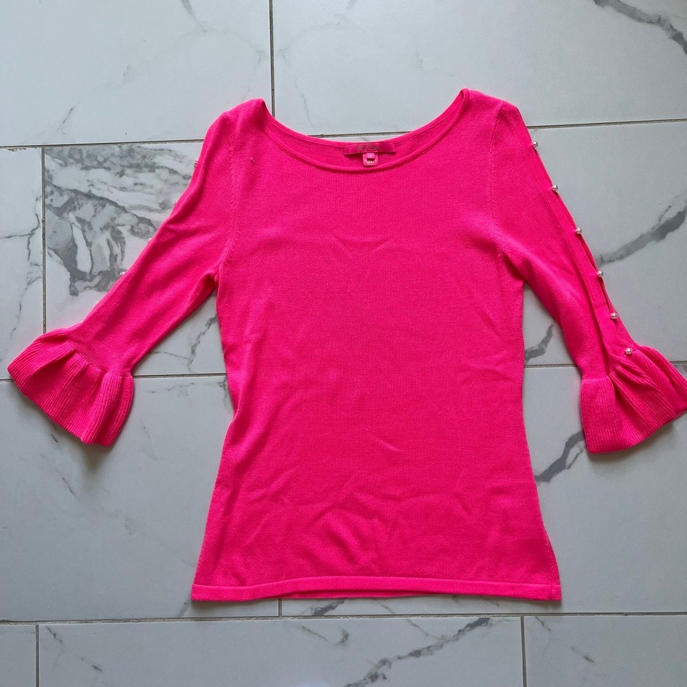 Lilly Pulitzer Rosemary Sweater hot pink pearl-accent bell sleeves sz Small